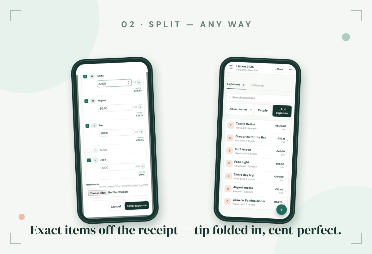 Exact items off the receipt — tip folded in, cent-perfect.