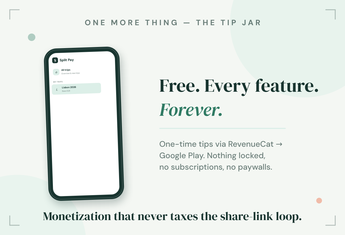 Every feature free, forever — tips optional.